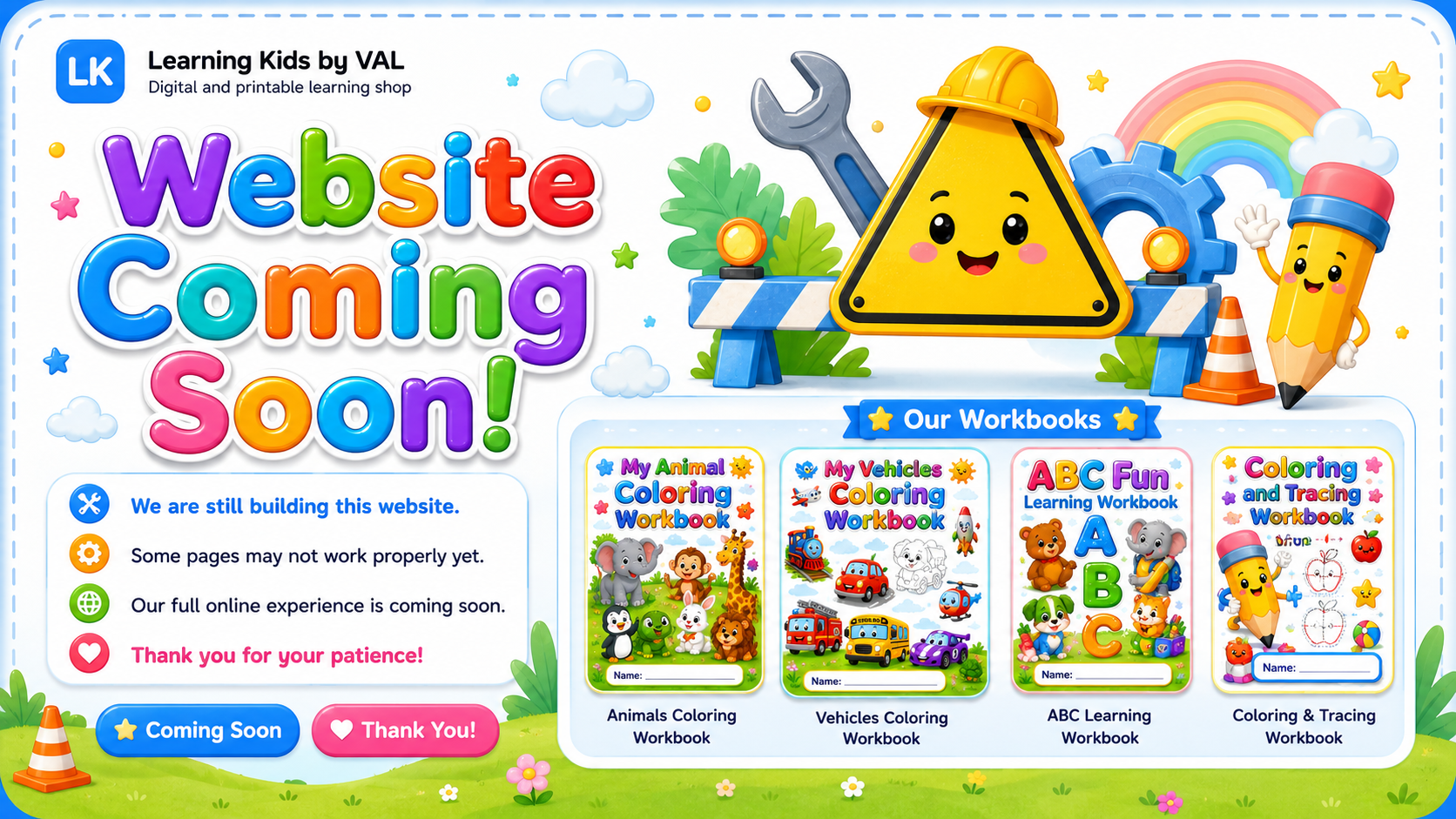 Learning Kids by VAL website coming soon announcement with workbook covers